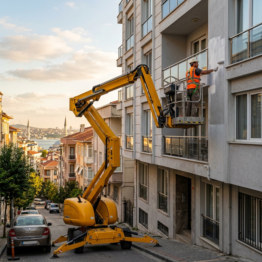 Dış cephe sepetli vinç çalışması